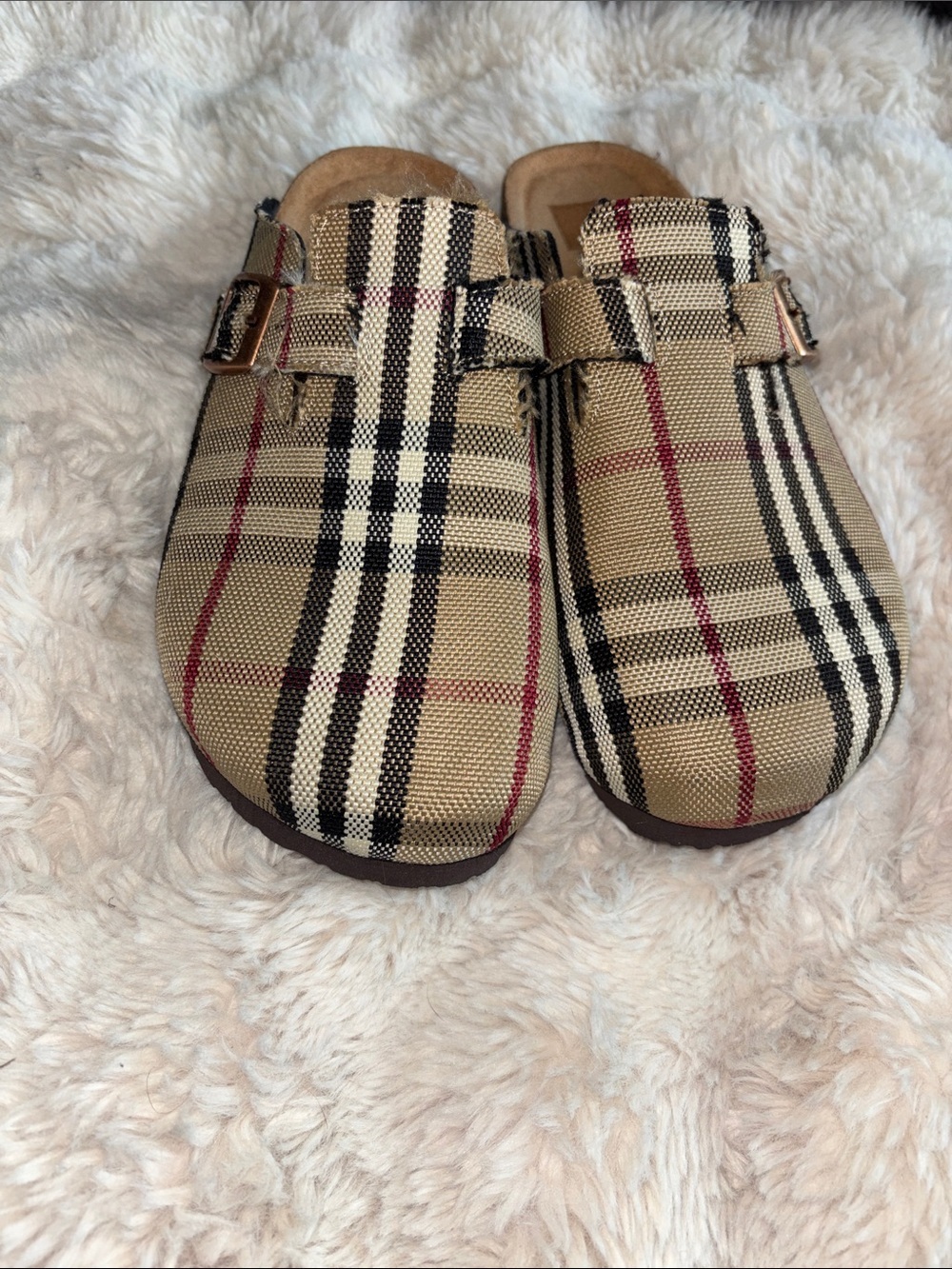 Plaid Slip-On Clogs in Beige, Black & Red